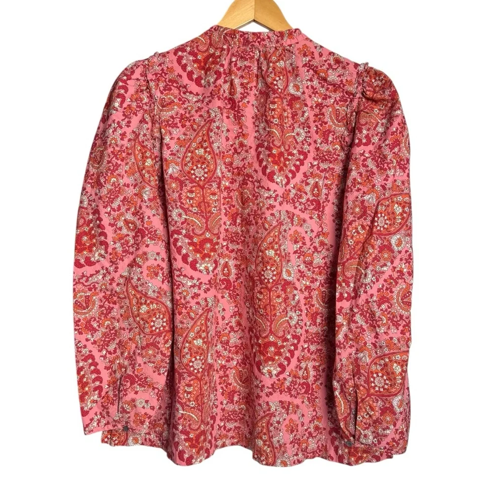 J. Crew Puff Sleeve Top Blouse Oversized Paisley Print Pink Women Size XL Ruffle - Picture 4 of 13